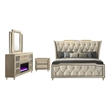 Pemberly Row 4-Piece Velvet California King Fireplace Bedroom Set in Camel