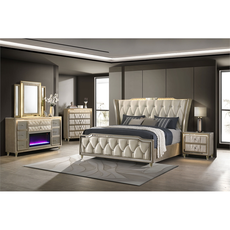 Pemberly Row 5-Piece Velvet California King Fireplace Bedroom Set in Camel