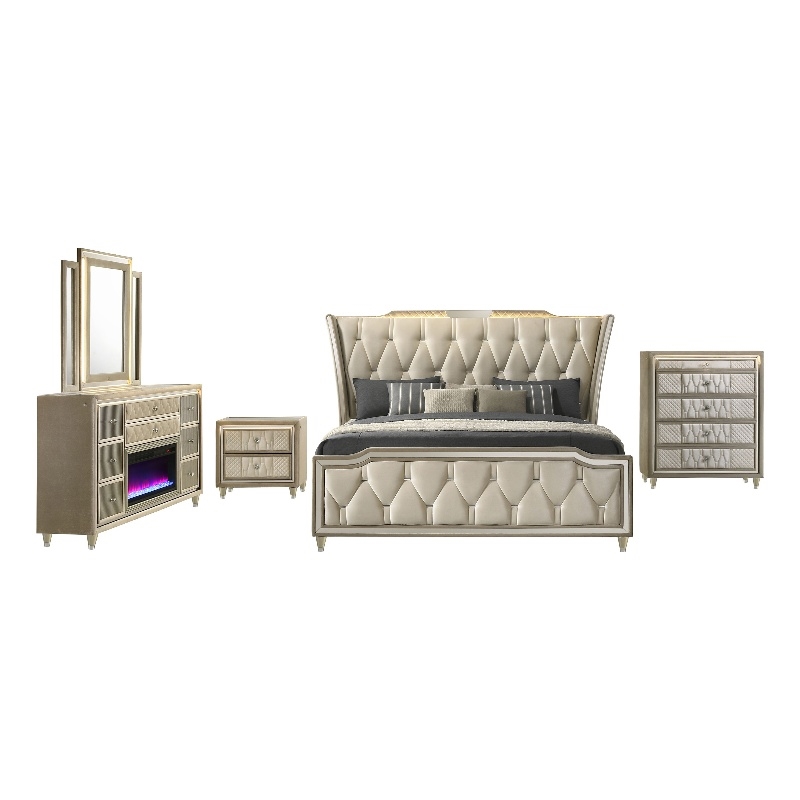Pemberly Row 5-Piece Velvet California King Fireplace Bedroom Set in Camel