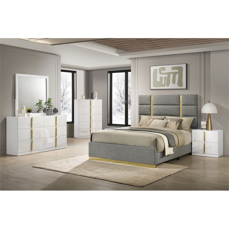 Pemberly Row 5-Piece Upholstered Queen Bedroom Set in Gray and White