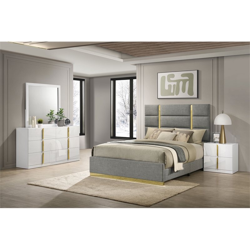 Pemberly Row 4-Piece Upholstered Queen Bedroom Set in Gray and White