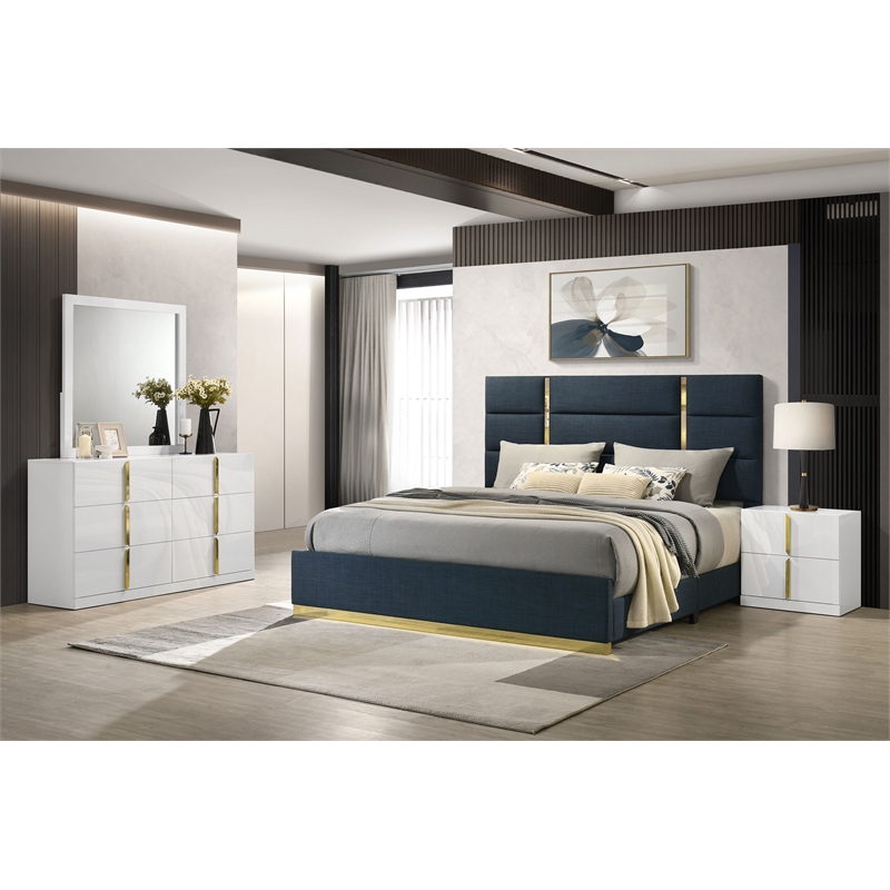 Pemberly Row 4-Piece Upholstered Queen Bedroom Set in Navy Blue and White