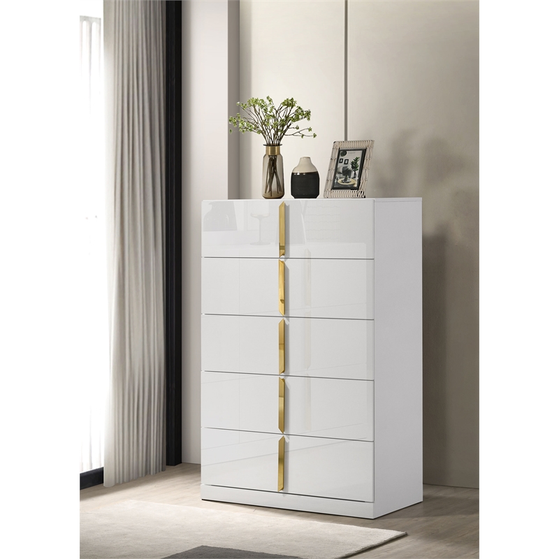 Pemberly Row 5-Drawer Contemporary Bedroom Chest in White High Gloss