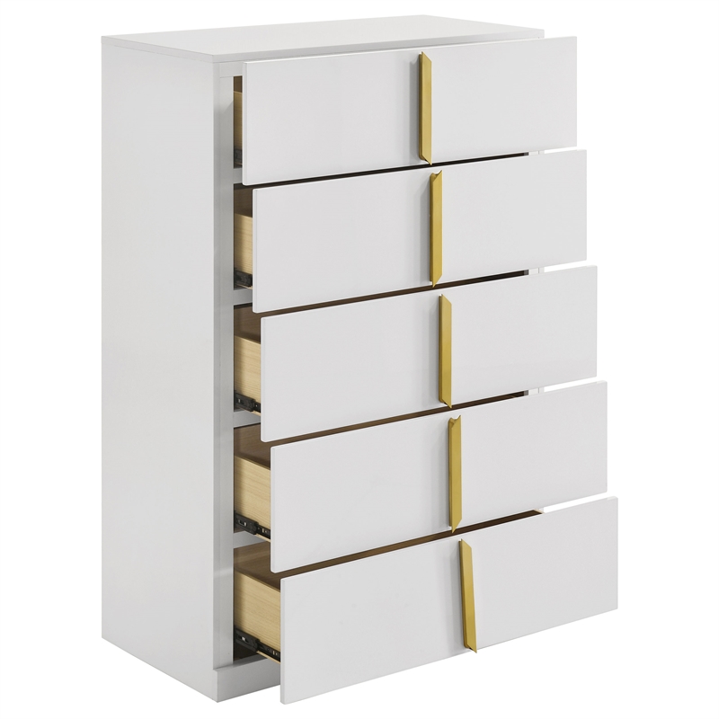 Pemberly Row 5-Drawer Contemporary Bedroom Chest in White High Gloss
