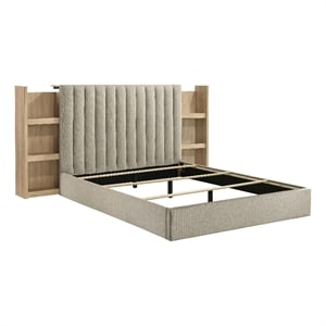 Pemberly Row Queen Bookcase Panel Storage Bed in Light Oak and Tan