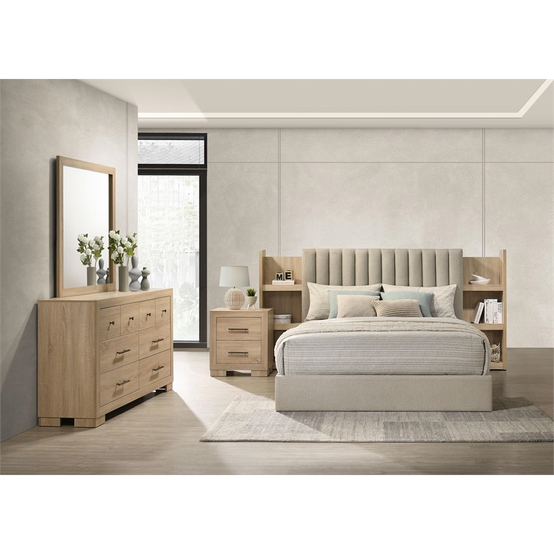Pemberly Row 4-Piece Upholstered Queen Bedroom Set in Light Oak and Tan