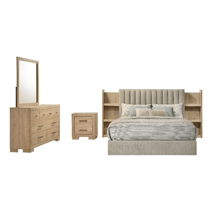 Pemberly Row 4-Piece Upholstered Queen Bedroom Set in Light Oak and Tan