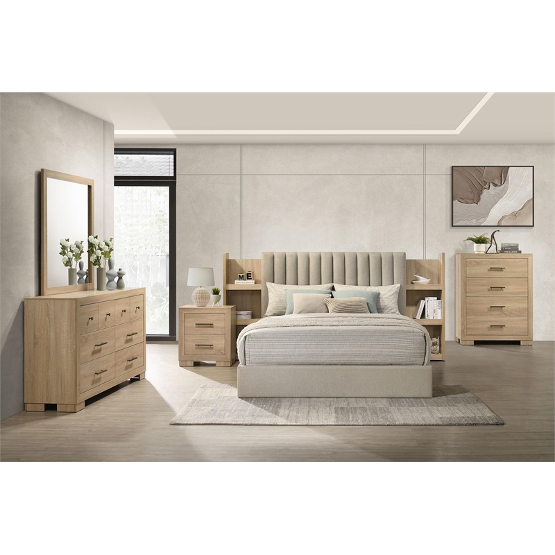 Pemberly Row 5-Piece Upholstered Queen Bedroom Set in Light Oak and Tan