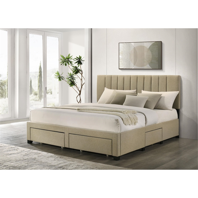 Pemberly Row 4-Drawer Fabric Upholstered Eastern King Storage Bed in Brown
