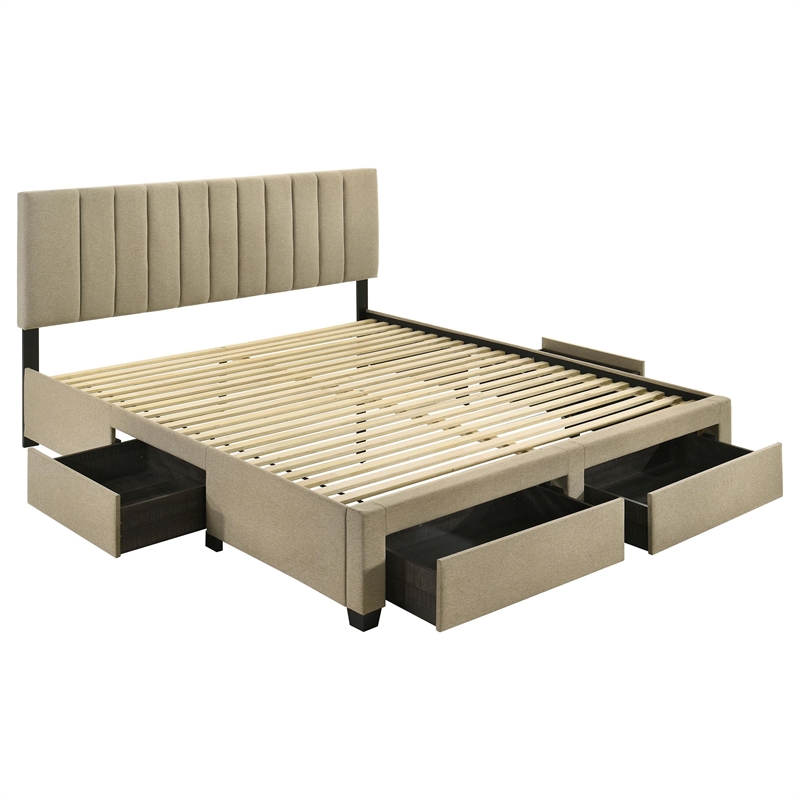Pemberly Row 4-Drawer Fabric Upholstered Eastern King Storage Bed in Brown