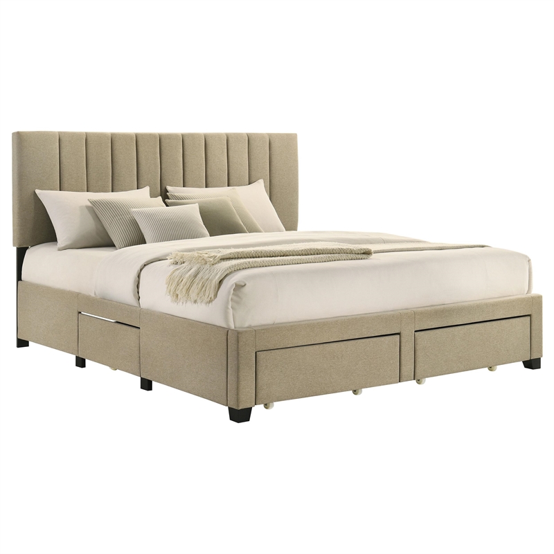 Pemberly Row 4-Drawer Fabric Upholstered Eastern King Storage Bed in Brown