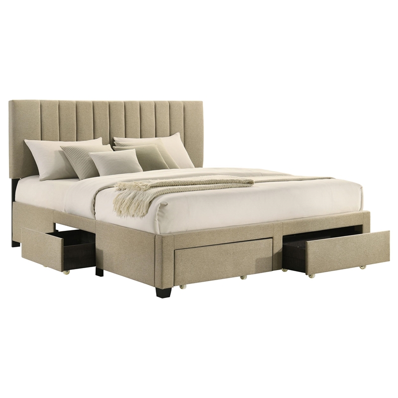 Pemberly Row 4-Drawer Fabric Upholstered Eastern King Storage Bed in Brown