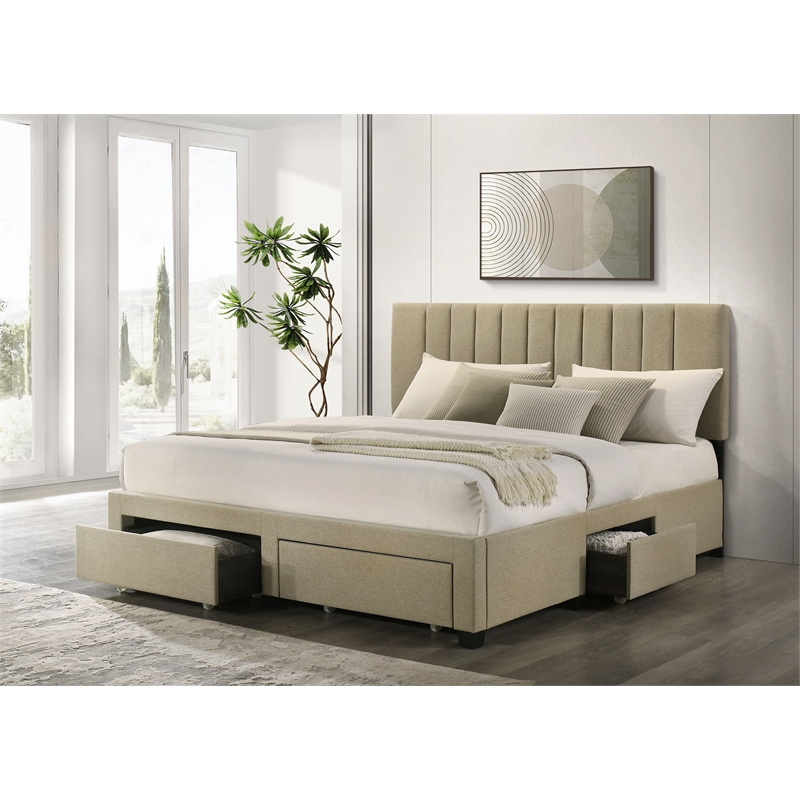 Pemberly Row 4-Drawer Fabric Upholstered Eastern King Storage Bed in Brown