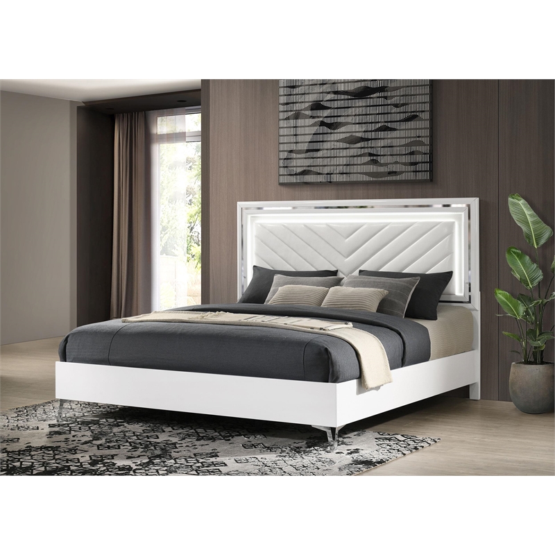 Pemberly Row Faux Leather Eastern King LED Panel Bed in White High Gloss