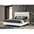 Pemberly Row Faux Leather Eastern King LED Panel Bed in White High Gloss
