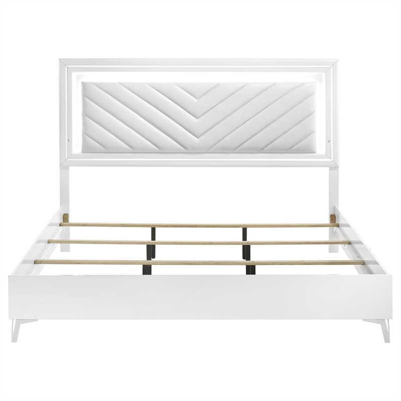 Pemberly Row Faux Leather Eastern King LED Panel Bed in White High Gloss