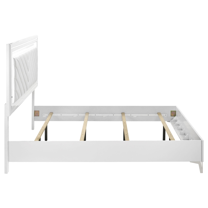Pemberly Row Faux Leather Eastern King LED Panel Bed in White High Gloss