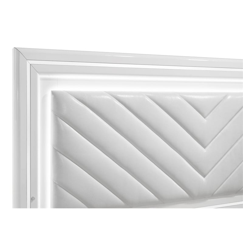 Pemberly Row Faux Leather Eastern King LED Panel Bed in White High Gloss