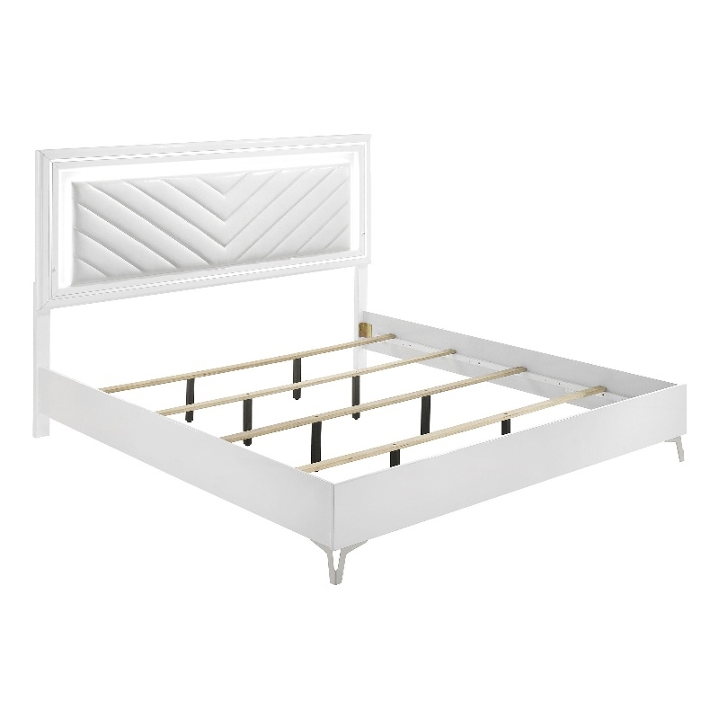 Pemberly Row Faux Leather Eastern King LED Panel Bed in White High Gloss