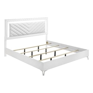 Pemberly Row Faux Leather Eastern King LED Panel Bed in White High Gloss