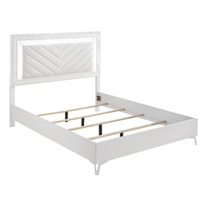Pemberly Row Faux Leather Queen LED Panel Bed in White High Gloss