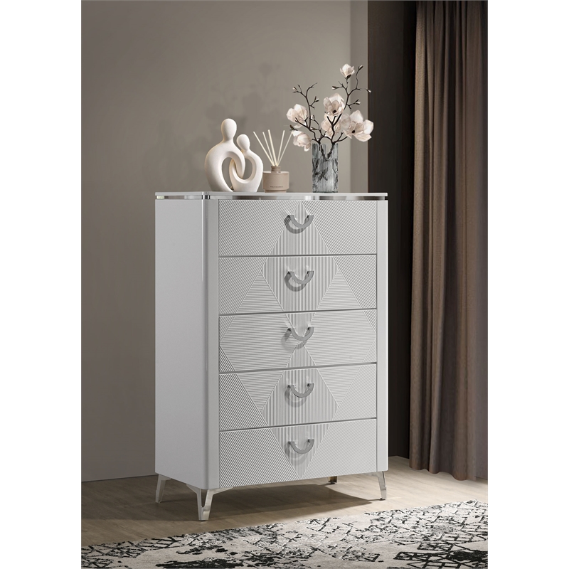 Pemberly Row 5-Drawer Contemporary Bedroom Chest in White High Gloss