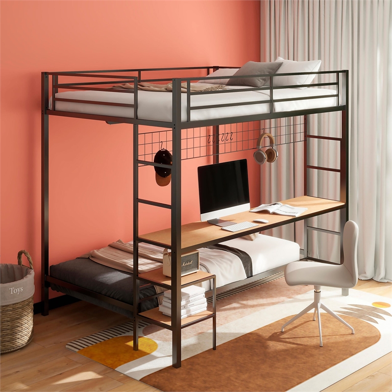 Pemberly Row Steel Full Over Twin Workstation Bunk Bed in Black