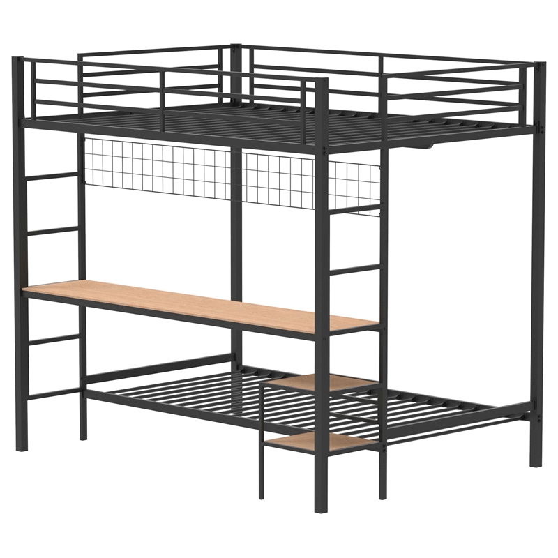 Pemberly Row Steel Full Over Twin Workstation Bunk Bed in Black