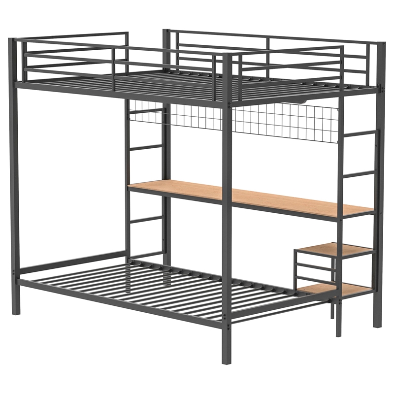 Pemberly Row Steel Full Over Twin Workstation Bunk Bed in Black
