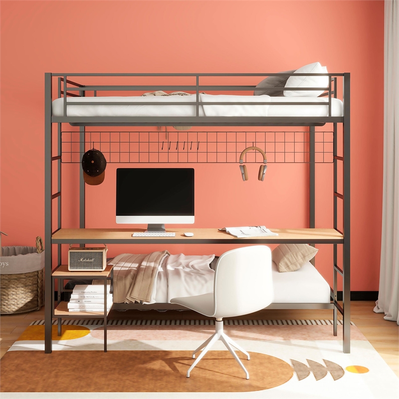 Pemberly Row Steel Full Over Twin Workstation Bunk Bed in Black