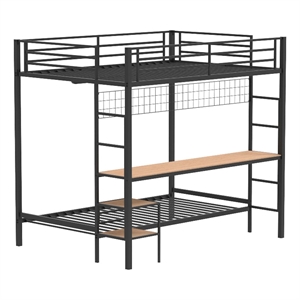 Pemberly Row Steel Full Over Twin Workstation Bunk Bed in Black