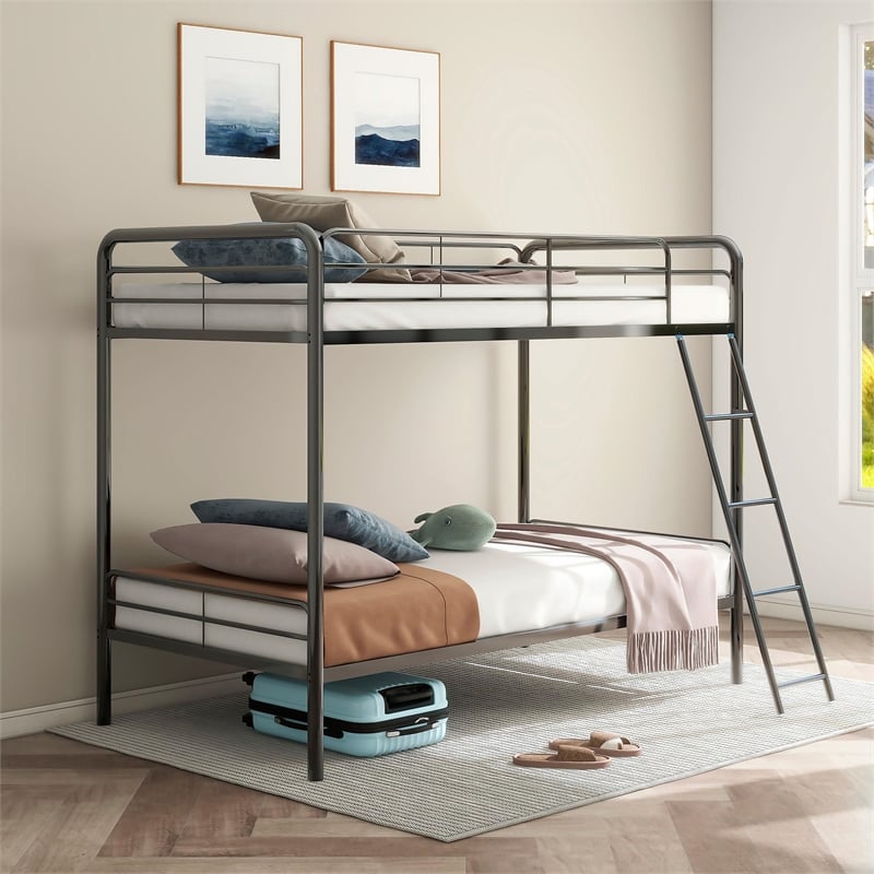 Pemberly Row Transitional Steel Twin Over Twin Bunk Bed in Glossy Black