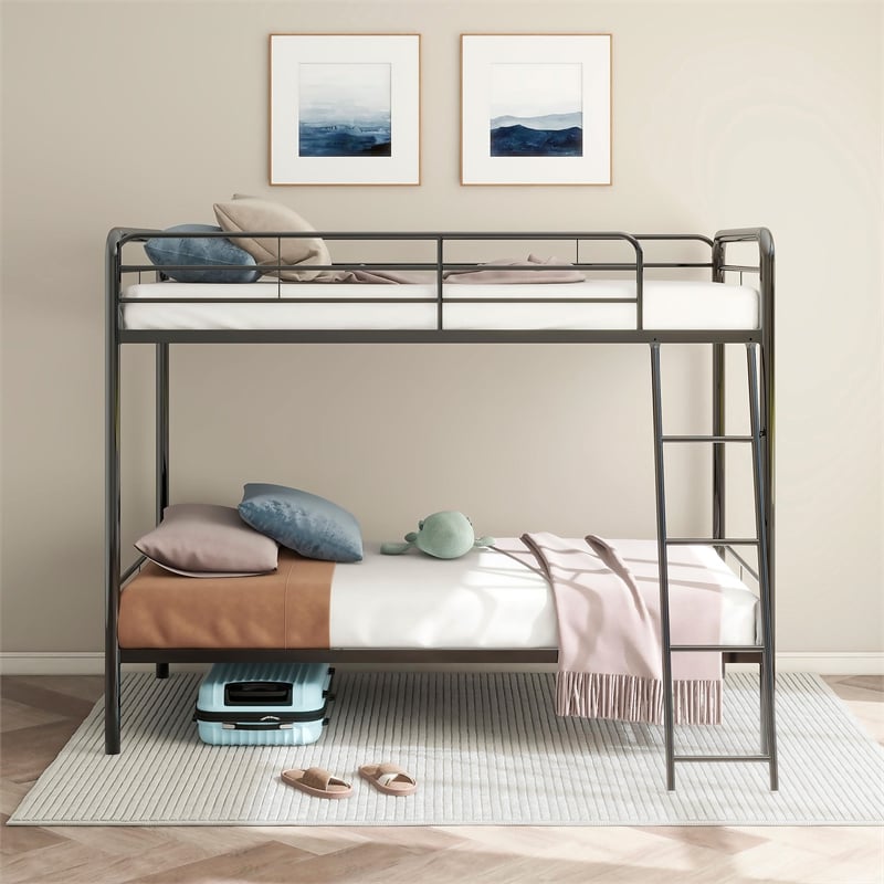 Pemberly Row Transitional Steel Twin Over Twin Bunk Bed in Glossy Black
