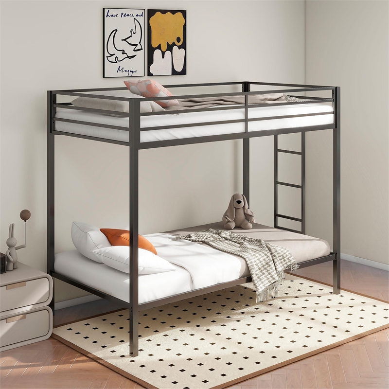 Pemberly Row Steel Twin Over Twin Bunk Bed with Ladder in Black