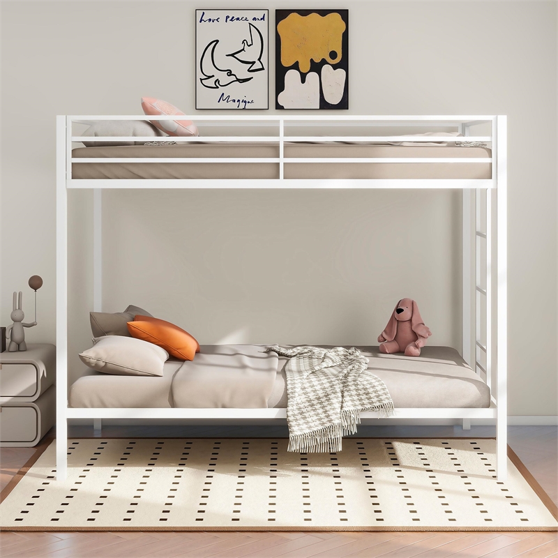Pemberly Row Steel Twin Over Twin Bunk Bed with Ladder in White