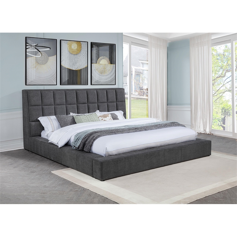 Pemberly Row Upholstered Fabric California King Panel Platform Bed in Gray