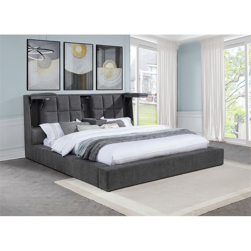 Pemberly Row Upholstered Fabric California King Panel Platform Bed in Gray
