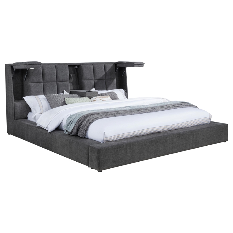 Pemberly Row Upholstered Fabric California King Panel Platform Bed in Gray