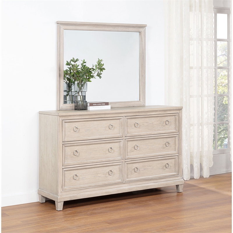 Pemberly Row 6-Drawer Bedroom Dresser with Mirror in Washed Oak Brown