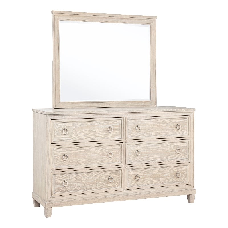 Pemberly Row 6-Drawer Bedroom Dresser with Mirror in Washed Oak Brown