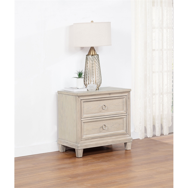 Pemberly Row 2-Drawer Coastal Nightstand Bedside Table in Washed Oak