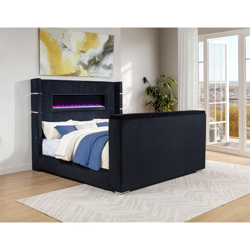 Pemberly Row Fabric Eastern King Flame Visualizer Wingback TV Bed in Black