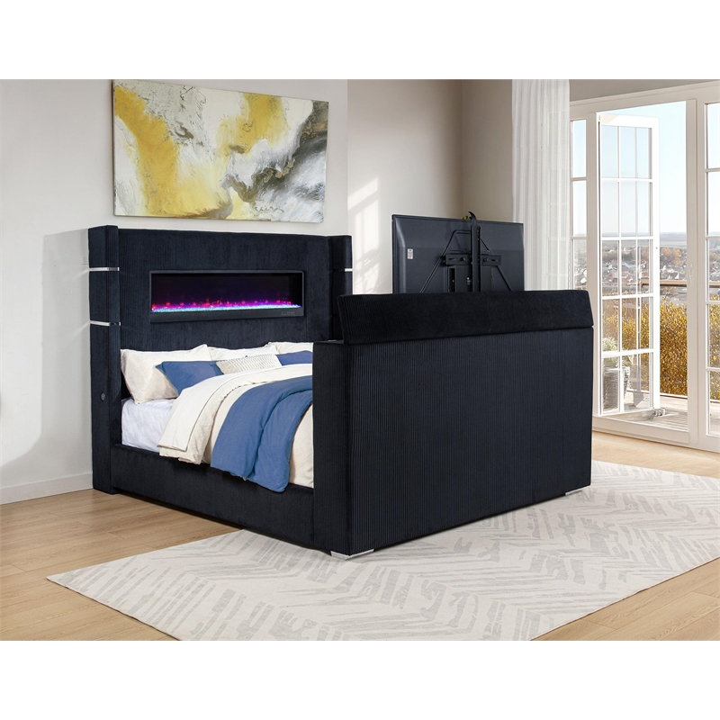 Pemberly Row Fabric Eastern King Flame Visualizer Wingback TV Bed in Black