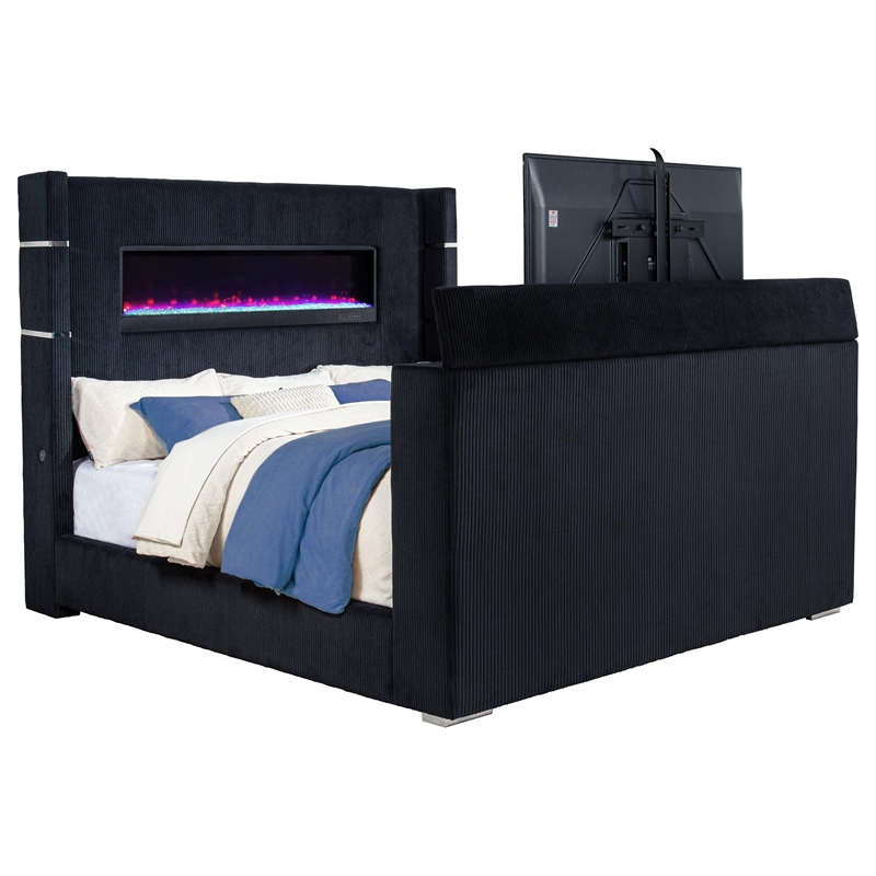 Pemberly Row Fabric Eastern King Flame Visualizer Wingback TV Bed in Black