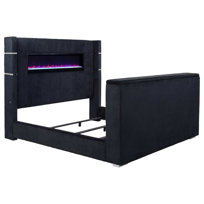 Pemberly Row Fabric Eastern King Flame Visualizer Wingback TV Bed in Black