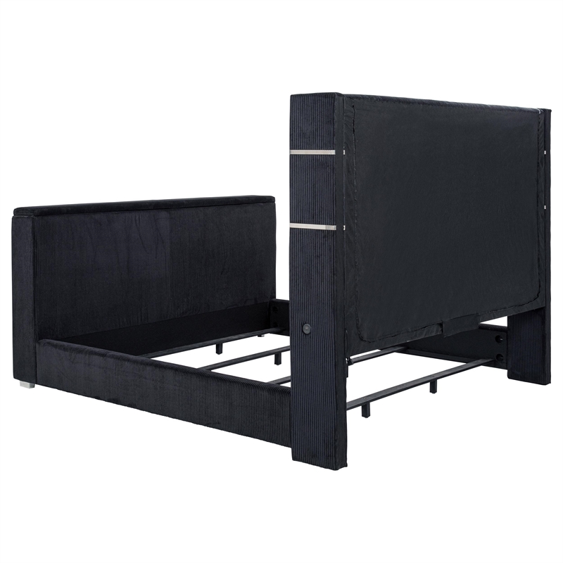 Pemberly Row Fabric Eastern King Flame Visualizer Wingback TV Bed in Black