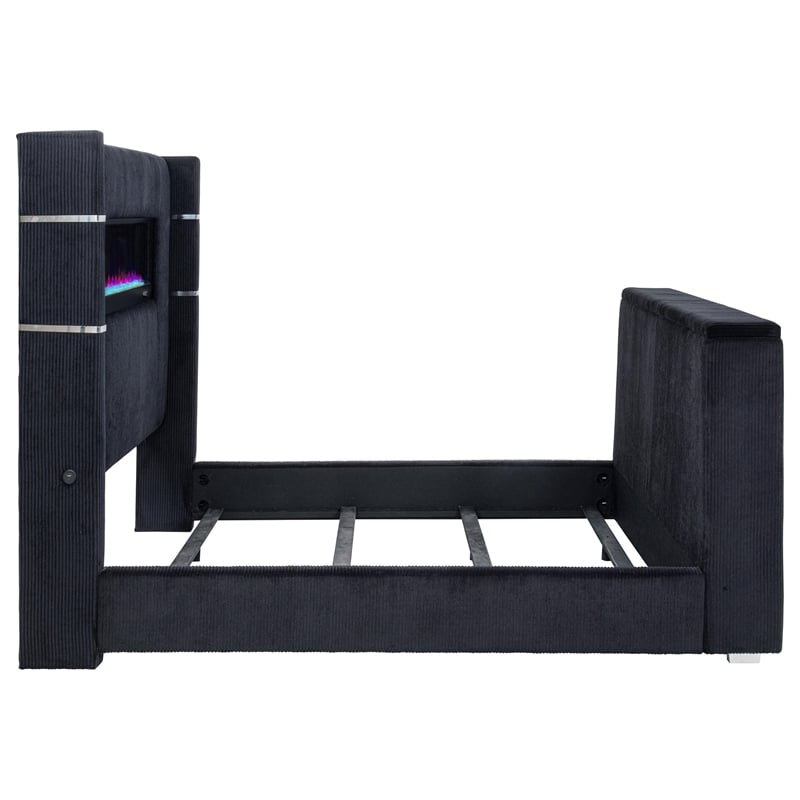 Pemberly Row Fabric Eastern King Flame Visualizer Wingback TV Bed in Black