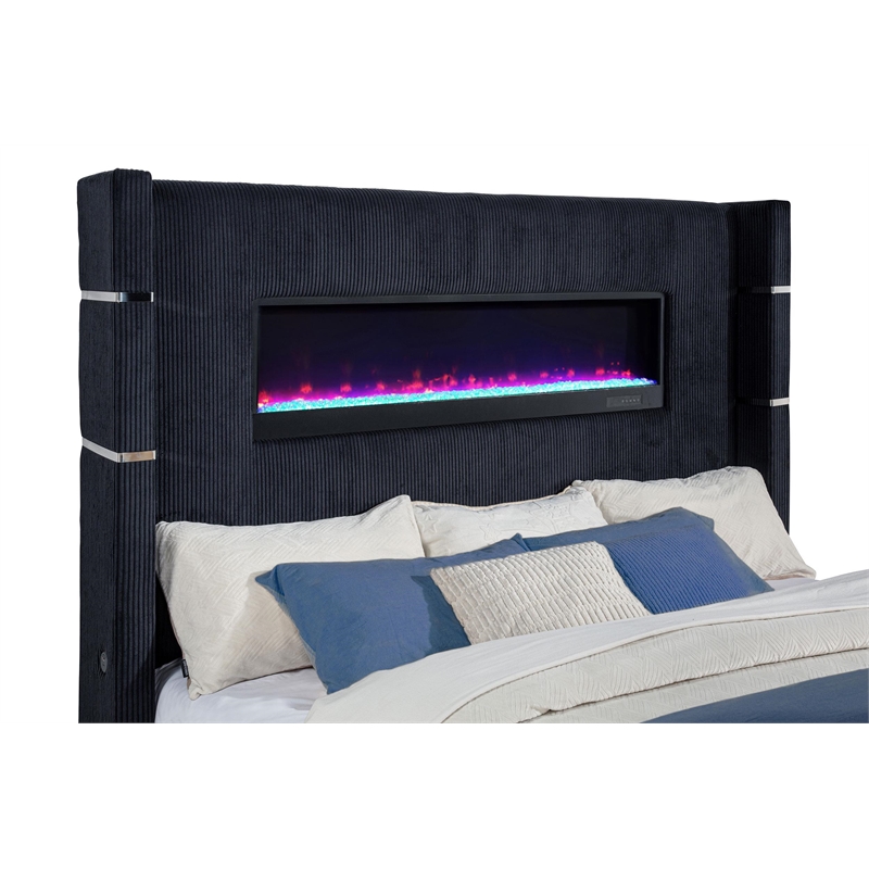 Pemberly Row Fabric Eastern King Flame Visualizer Wingback TV Bed in Black