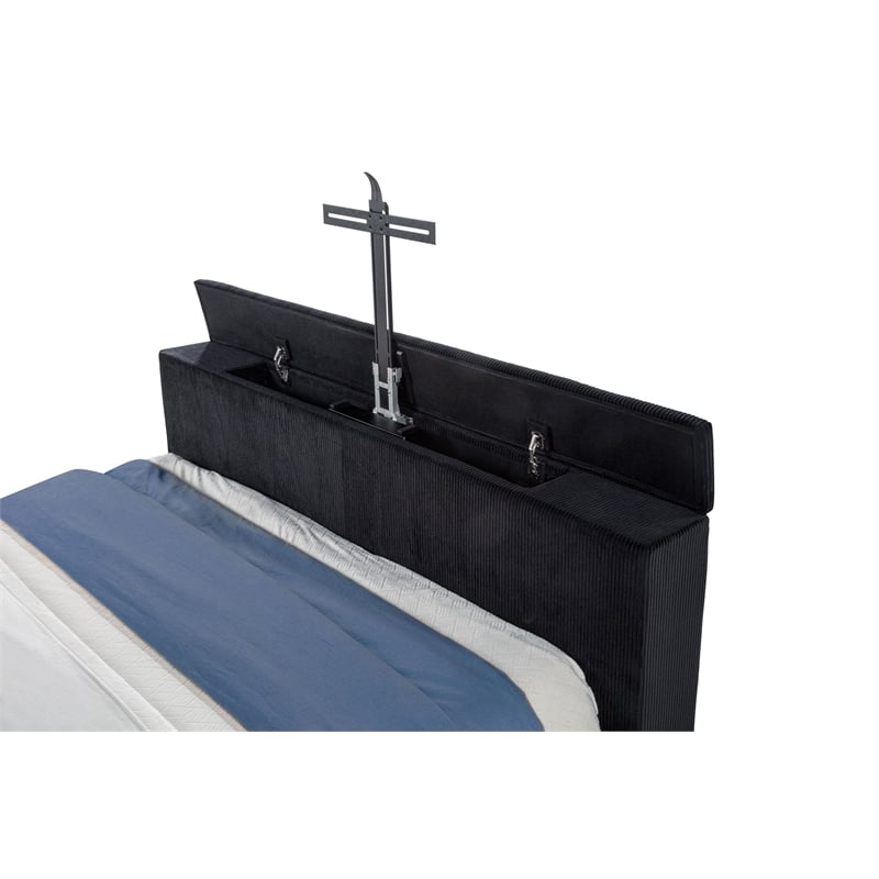 Pemberly Row Fabric Eastern King Flame Visualizer Wingback TV Bed in Black