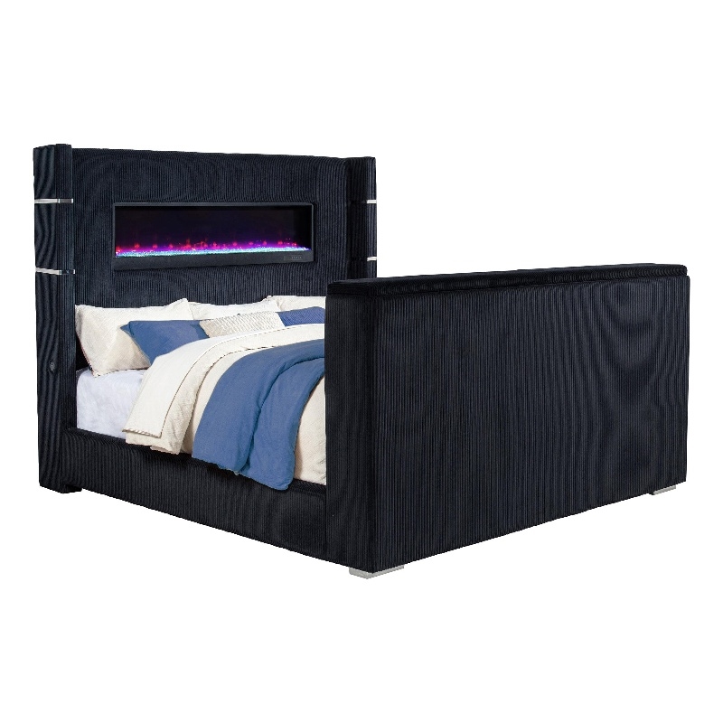 Pemberly Row Fabric Eastern King Flame Visualizer Wingback TV Bed in Black